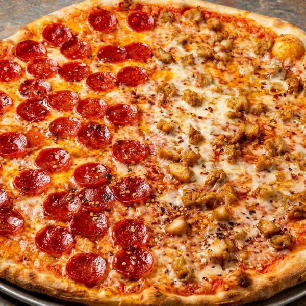 Large half pepperoni, half chicken pizza on a metal tray, with red pepper flakes.