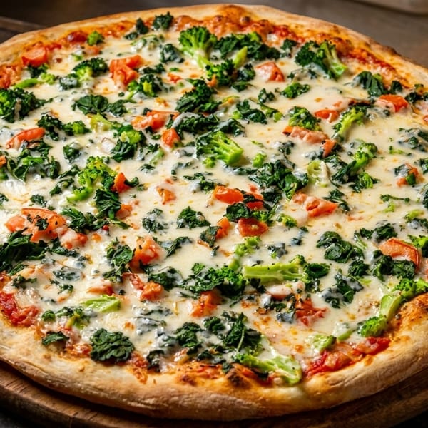 A freshly baked pizza with white sauce, broccoli, spinach, and diced tomatoes on a wooden board.