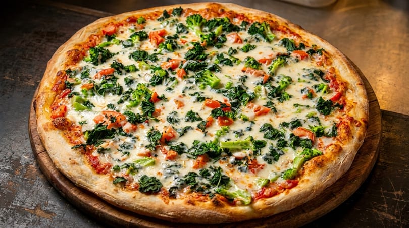 A freshly baked pizza with white sauce, broccoli, spinach, and diced tomatoes on a wooden board.