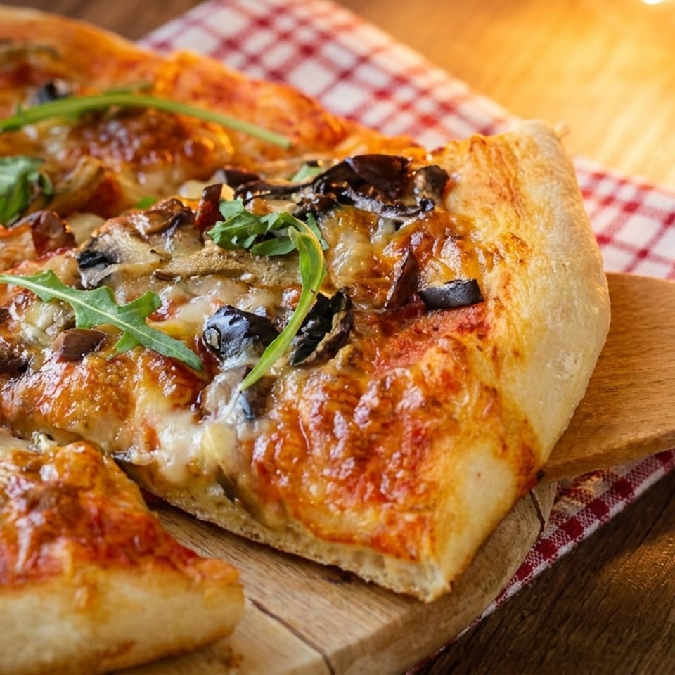 A slice of mushroom and olive pizza with arugula being lifted from a wooden board.