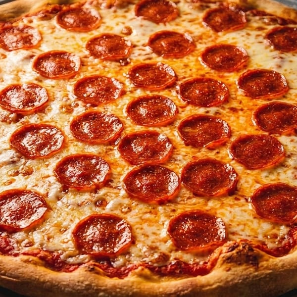 A freshly baked pepperoni pizza with melted cheese and a golden crust on a metal pan.
