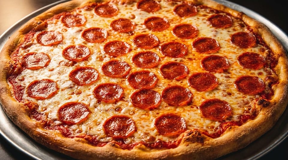 A freshly baked pepperoni pizza with melted cheese and a golden crust on a metal pan.