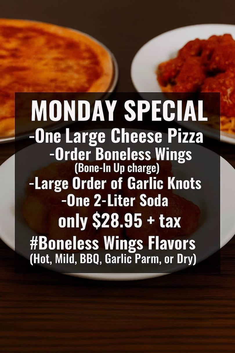 Monday Special advertisement over a background of pizza, wings, and garlic knots.