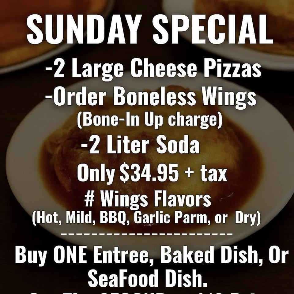 A Sunday Special menu with two large cheese pizzas, boneless wings, and a 2-liter soda.
