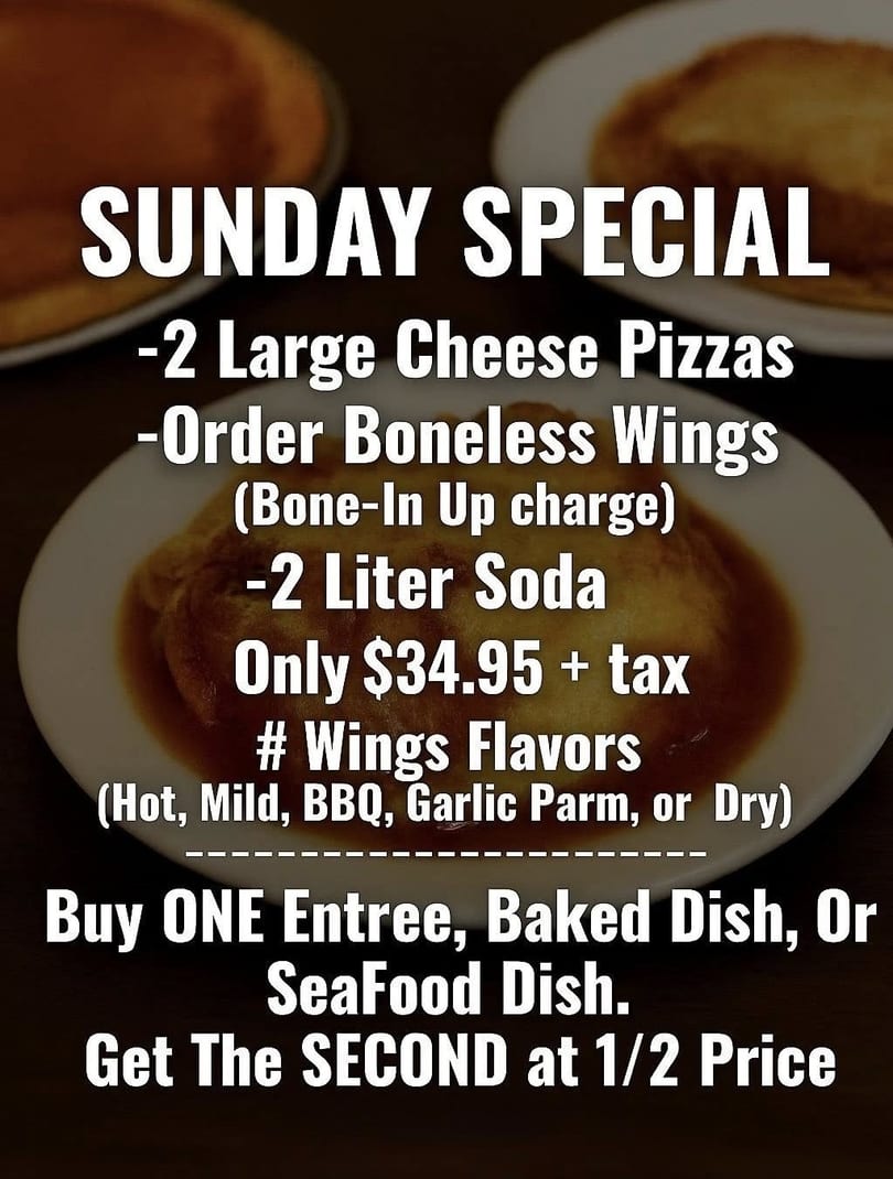 A Sunday Special menu with two large cheese pizzas, boneless wings, and a 2-liter soda.